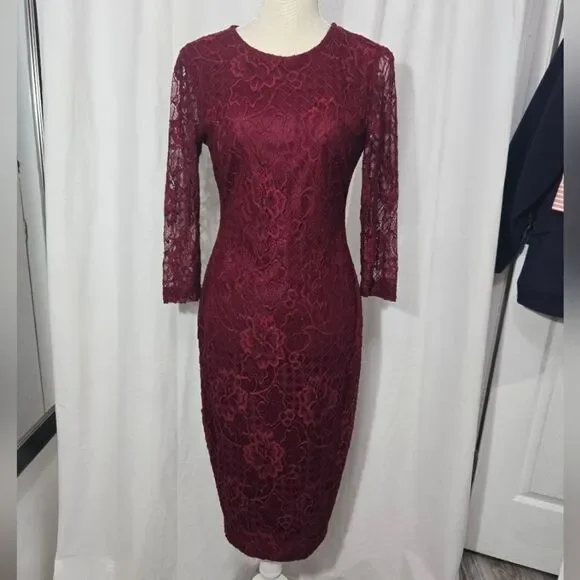 Jessica Simpson Burgundy Lace Overlay 3/4 Sleeve Midi Dress Sz 4 - Picture 2 of 12